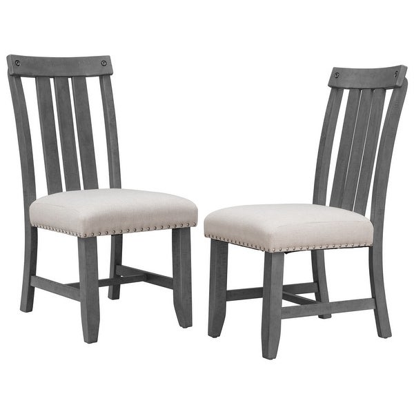 2 sets of fabric upholstered dining chairs with silver nails and solid wood legs， seat height -19.5