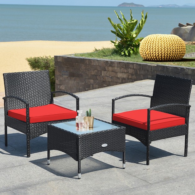 Costway 3 Pcs Patio Wicker Rattan Furniture Set Coffee Table amp 2 Rattan Chair W cushion