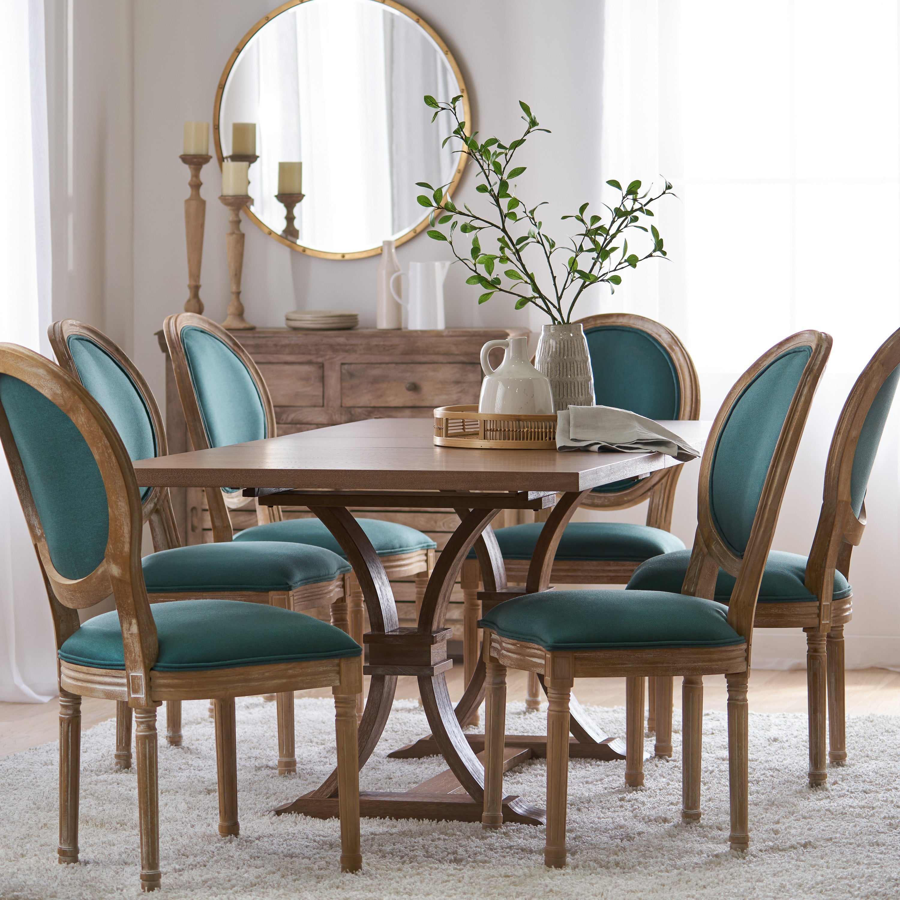 Dason French Country Fabric Upholstered Wood 7 Piece Dining Set