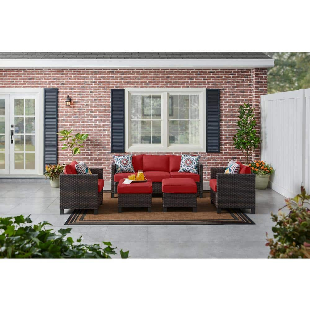 StyleWell Sharon Hill Powder Coating 5-Piece Dark Wicker Patio Conversation with Chili Cushions DE228565758D