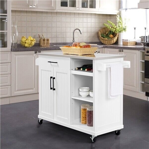 Kitchen Island Cart on Wheels with Stainless Top and Drawers and Towel Rack， White