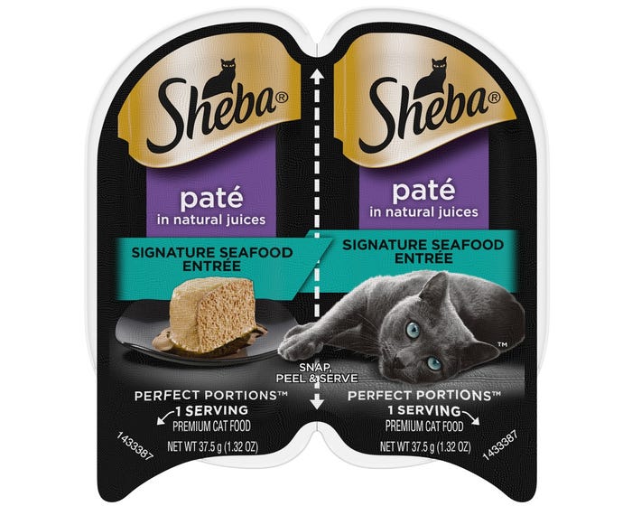 SHEBA Perfect Portions Soft Wet Cat Food Pate in Natural Juices Signature Seafood Entree， 2.6 oz. Cans， 24 Count