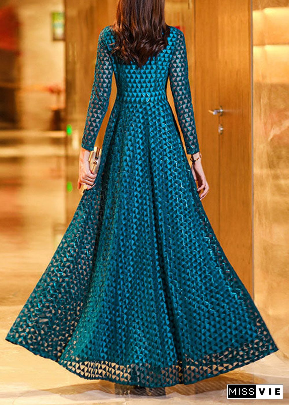 Boho Peacock Blue Wrinkled Hollow Out Lace Long Dress Long Sleeve