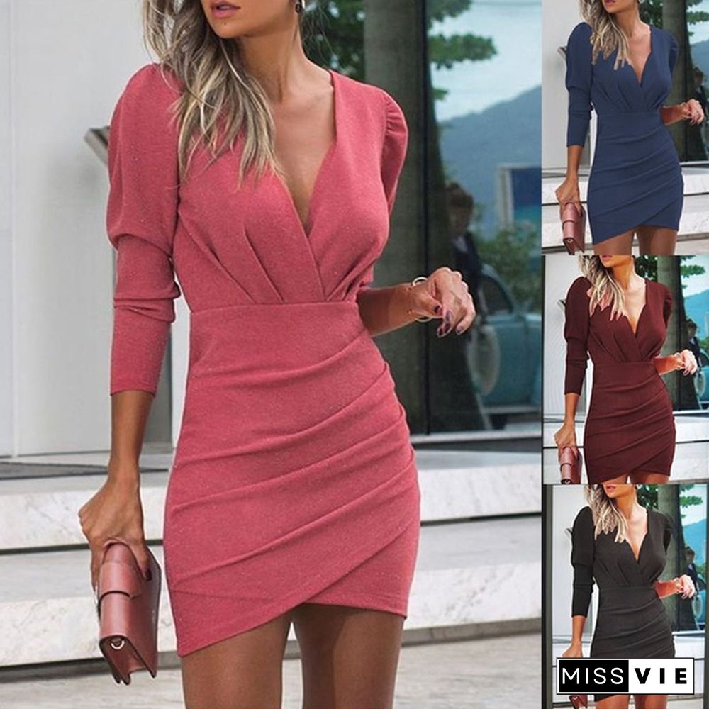 OL Style Women Fashion Long Sleeve Sexy Solid Color Bodycono V-Neck Pleated Dress Vestisdo