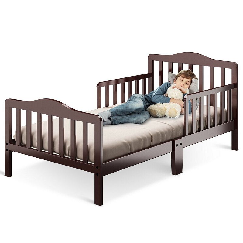 Classic Design Kids Wood Toddler Bed Frame with Two Side Safety Guardrails