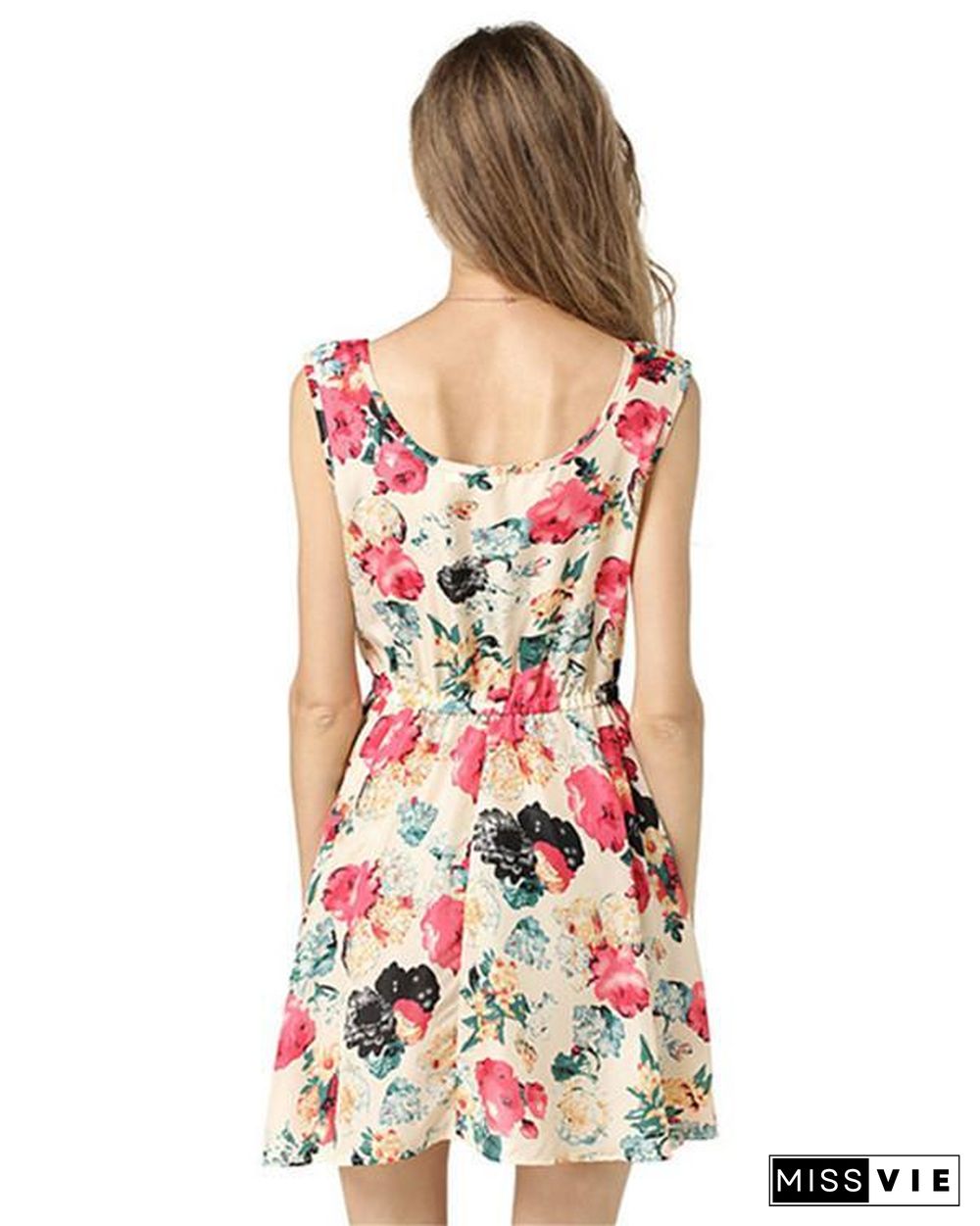 Floral Printed Sleeveless Crew Neck Women Mini Dress