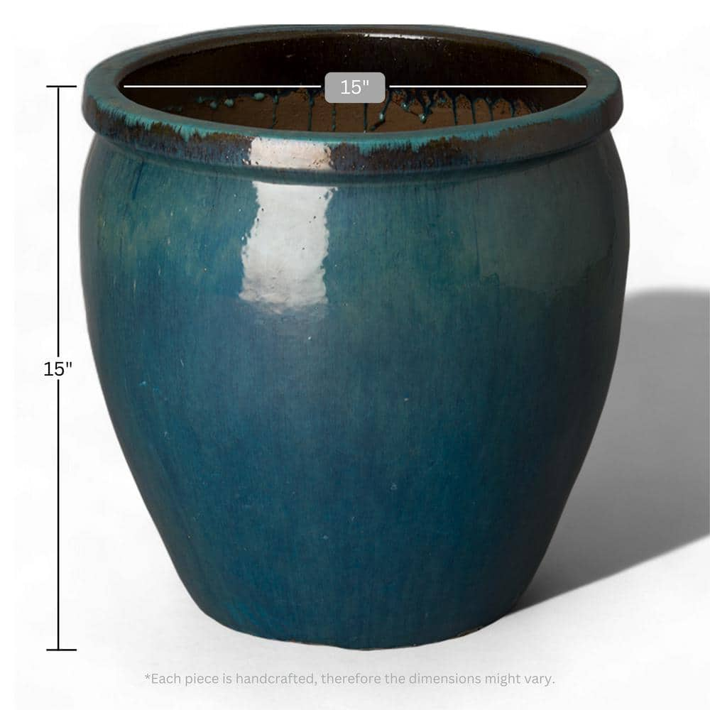 Emissary 15 in. D x 15 in. H Teal Ceramic Round Planter with Drainage Hole 12040TL-1