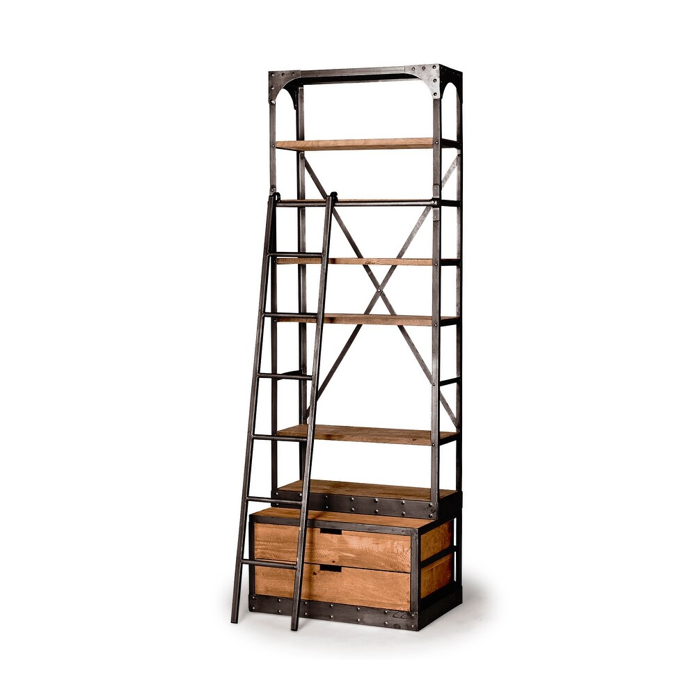 Brodie I Medium Brown Solid Wood w/ Bronze Iron Frame   Ladder Shelving Unit   32.0L x 22.0W x 94.0H