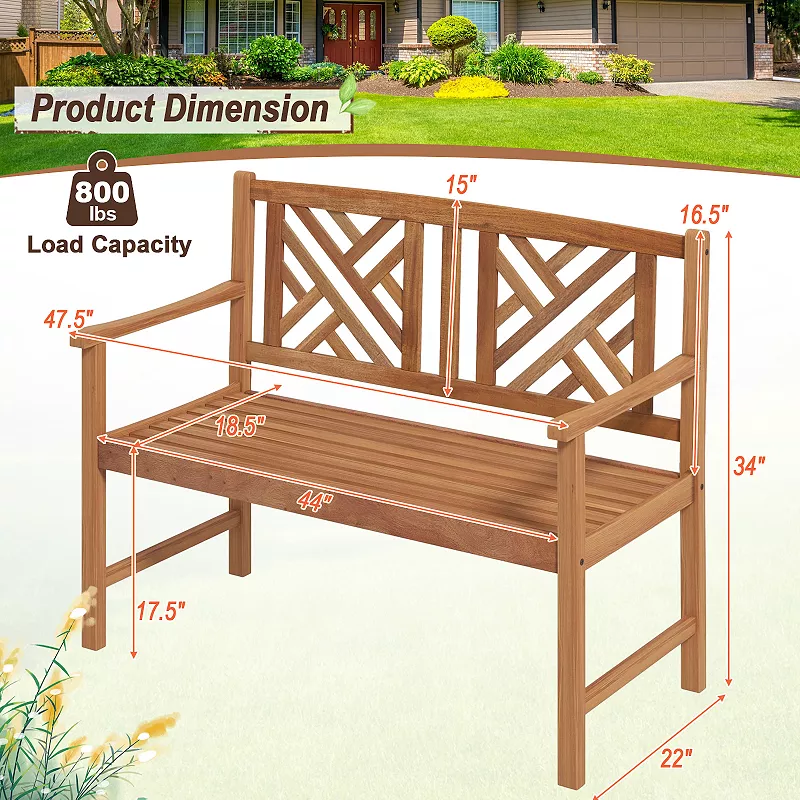 2-Person Wood Outdoor Bench with Cozy Armrest and Backrest