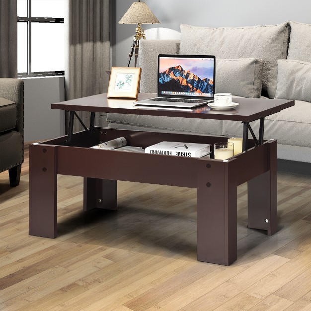 Costway Lift Top Coffee Table Pop up Cocktail Table W hidden Compartment amp Shelf White Brown