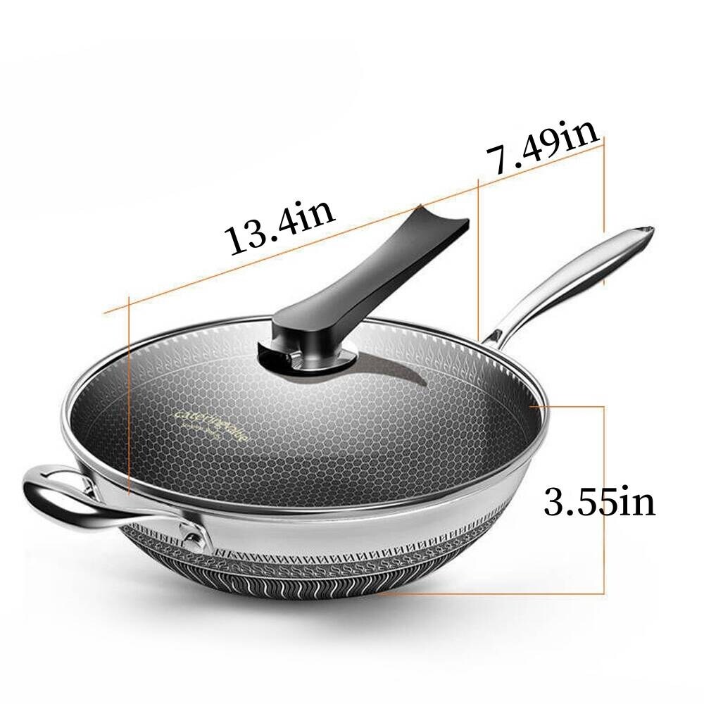 13.4 Inch Stainless Steel Wok Honeycomb Frying Pan With Glass Lid