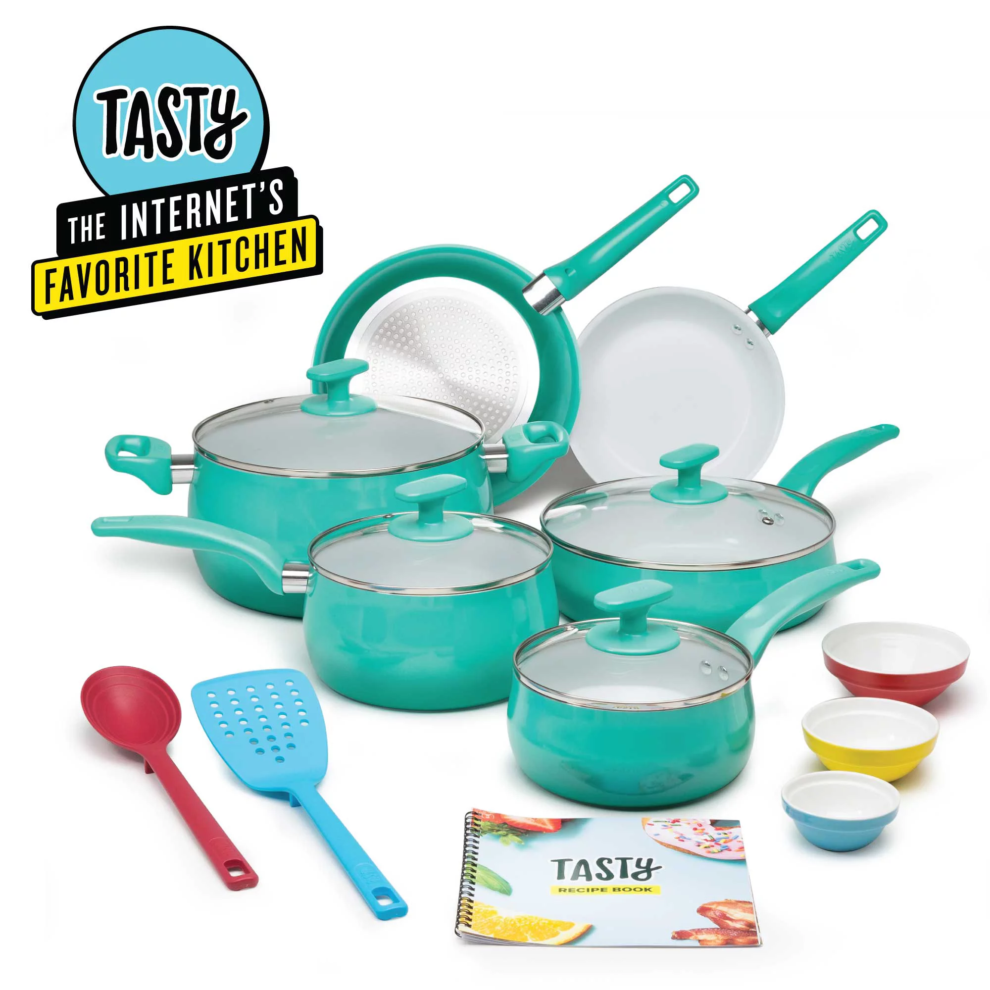 Tasty Ceramic Titanium-Reinforced Cookware Set， Ombre Green， 16 Piece