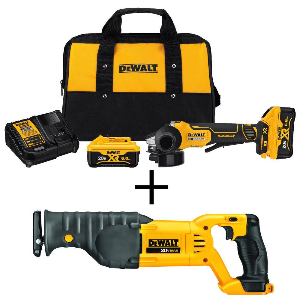 DW 20V MAX XR Cordless Brushless 4.5 in. Small Angle Grinder 20V MAX Reciprocating Saw and (2) 20V 6.0Ah Batteries DCG413R2W380B