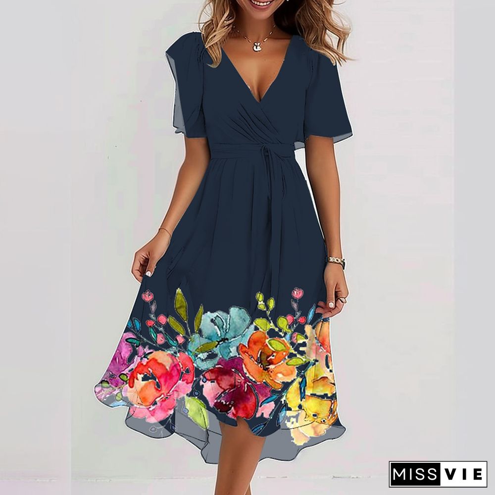 Blue Floral Print Short Sleeve Midi Dress