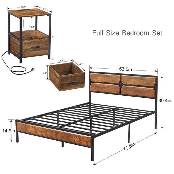 Industrial 3-Piece Vintage Brown Bed Frame and Charging Station USB Port Nightstands Set of 2 - - 36685886