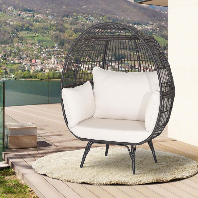 Oversized Wicker Egg Chair with 4 Cushions, Steel Frame Basket Chair Indoor Outdoor Patio Lounge Chair