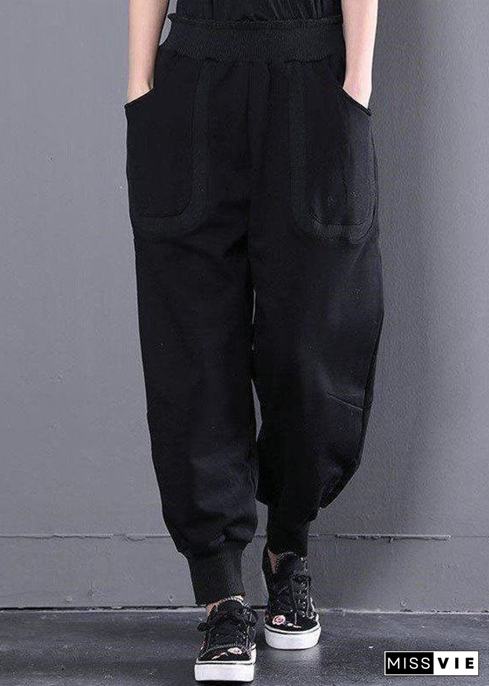 French Black High Waist Oversized Warm Fleece Harem Pants Winter