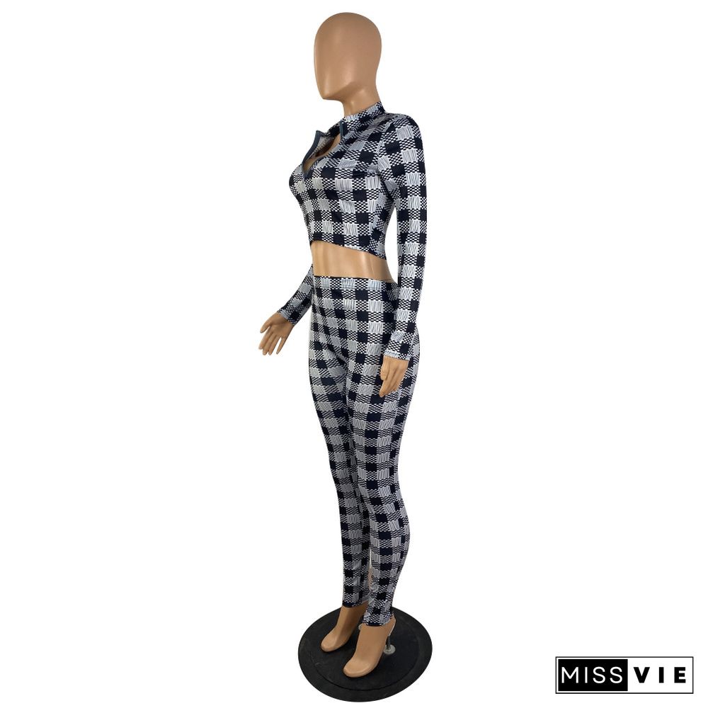 Plaid Crop Top Bodycon Pencil Pants Two Piece Set