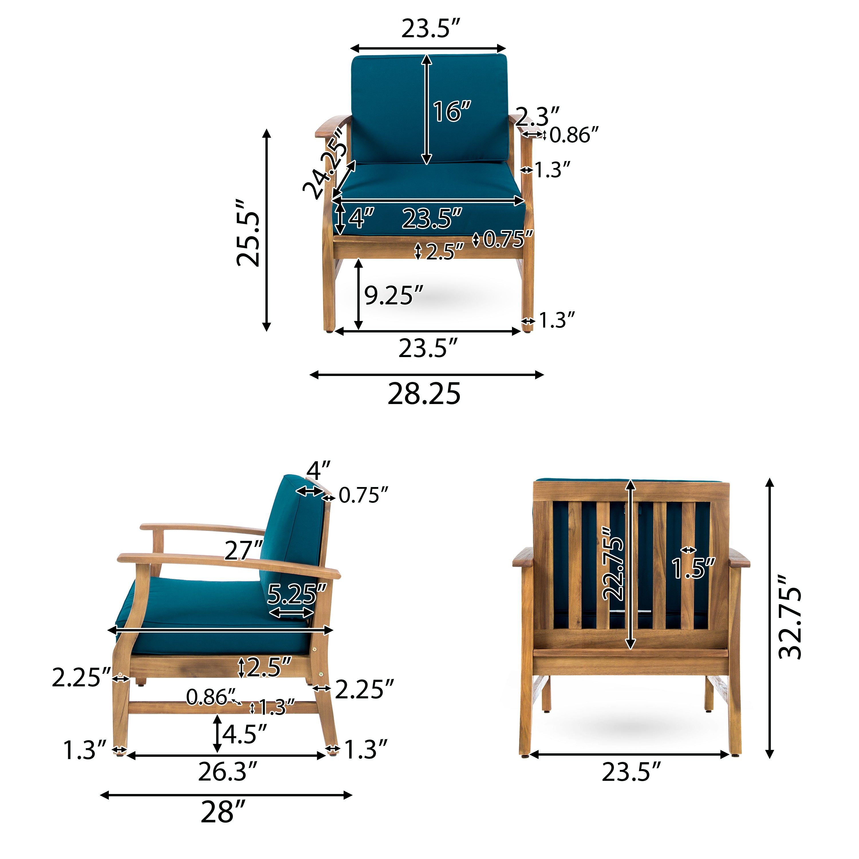 Pearl Outdoor Teak Finished Acacia Wood Club Chairs with Water Resistant Cushion