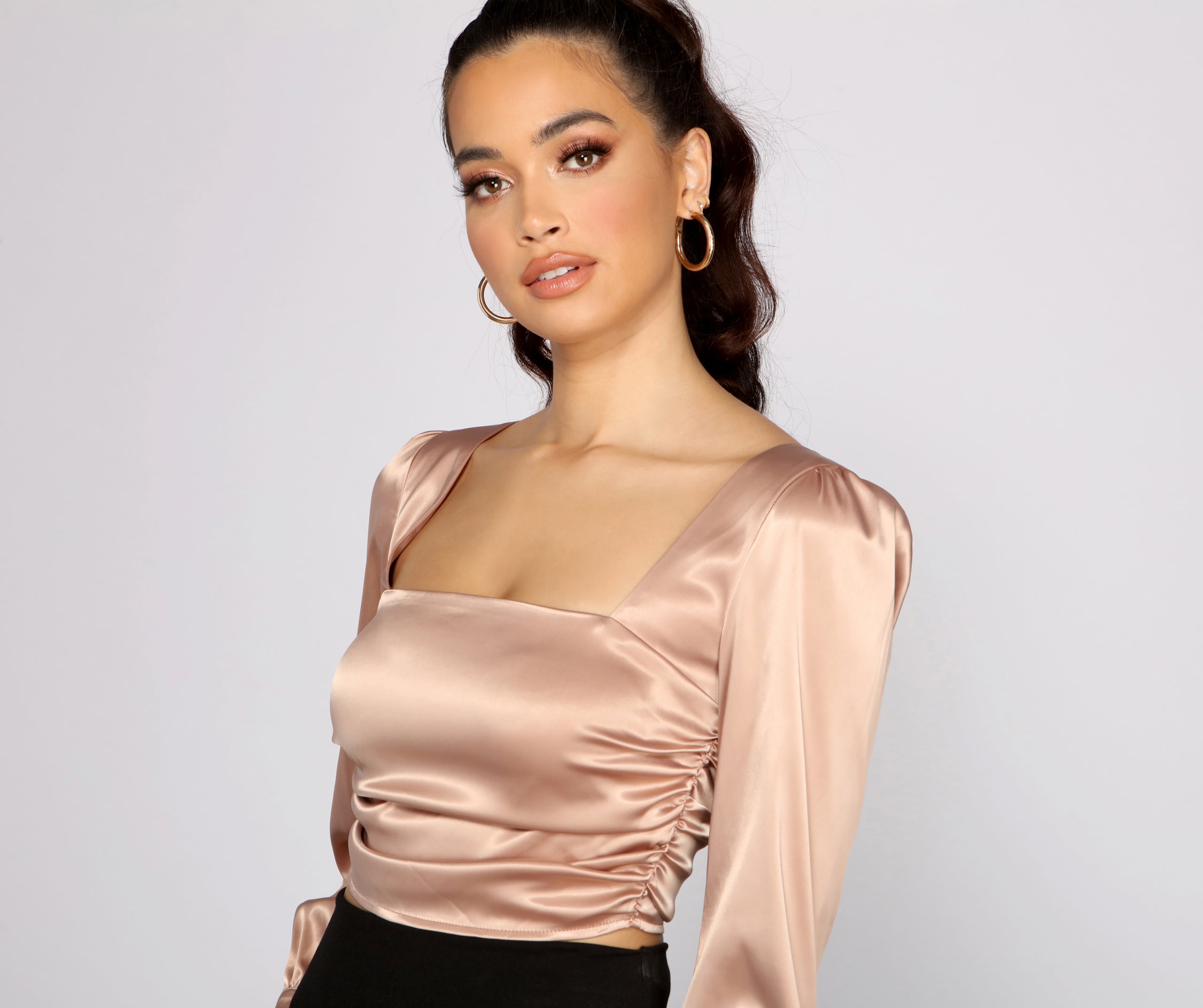 Sleek Satin Puff Sleeve Crop Top