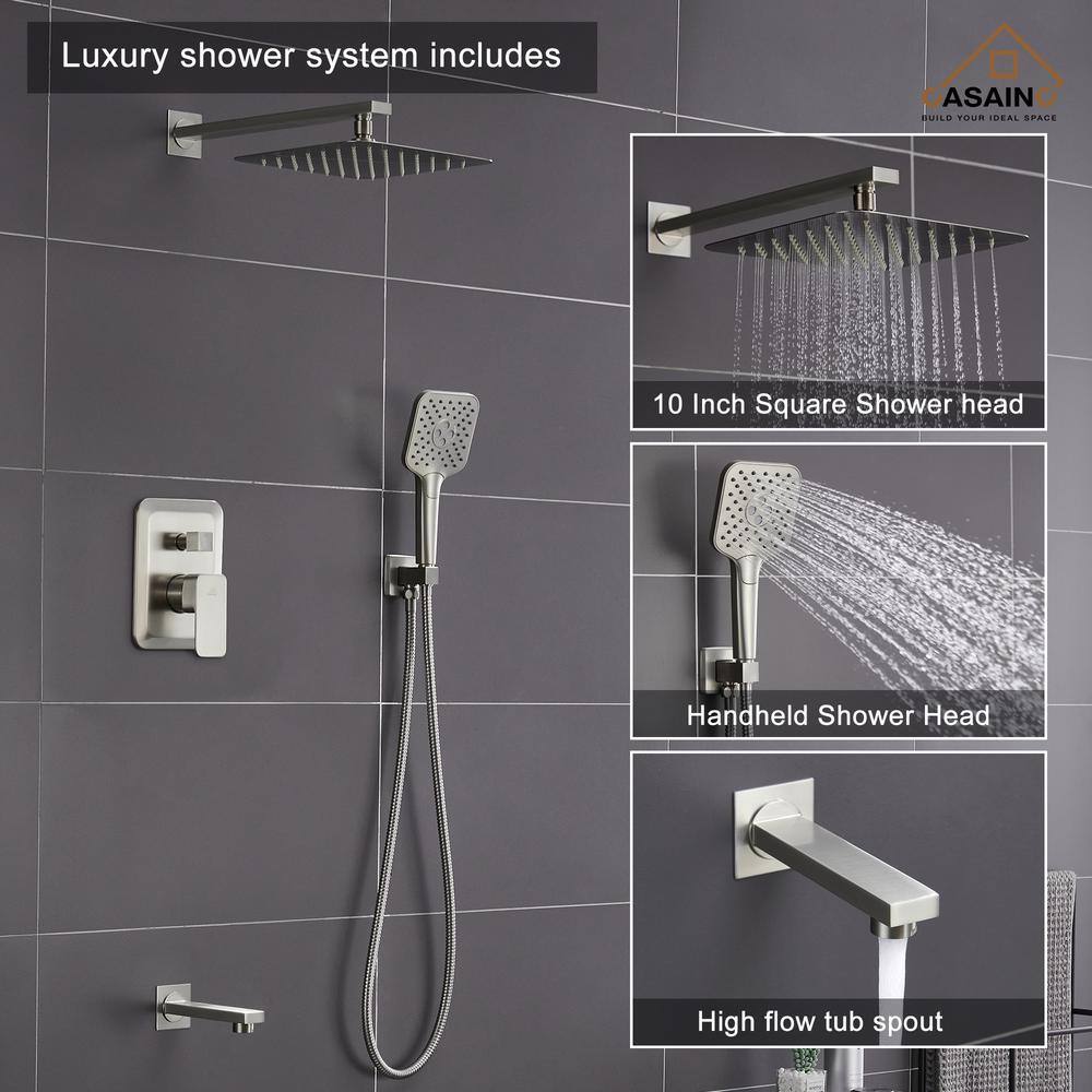 CASAINC 3-Spray Patterns with 9.8 in. Tub Wall Mount Dual Shower Heads in Spot Resist Brushed Nickel HM-B206-SQ-BN