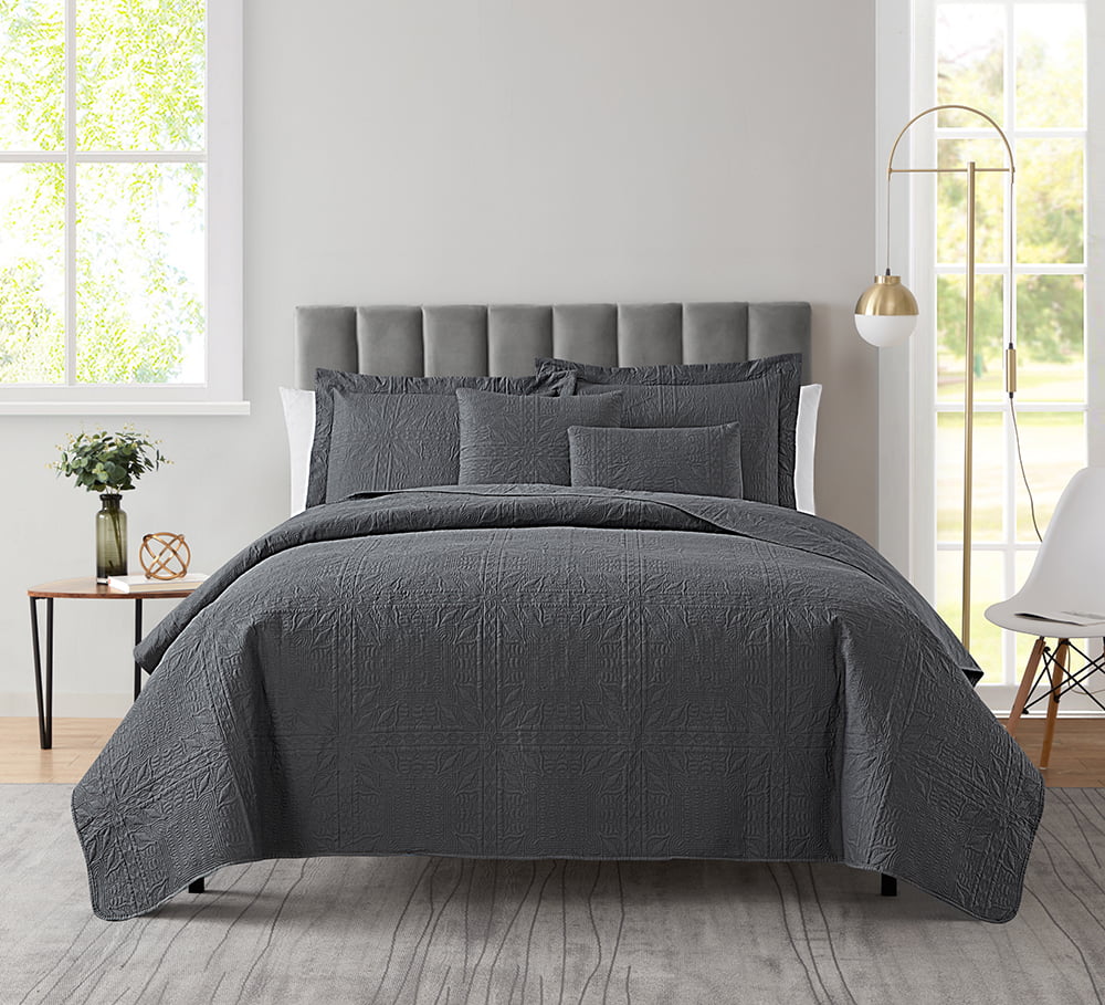 Clara Clark Quilt Set Bedspread - Ultra Soft Microfiber - Grid Weave Pinsonic Lightweight Coverlet - Quilted Comforter 5 Piece Bedding Set - 2 Pillow Shams， 2 Euro Shams - Queen， Gray