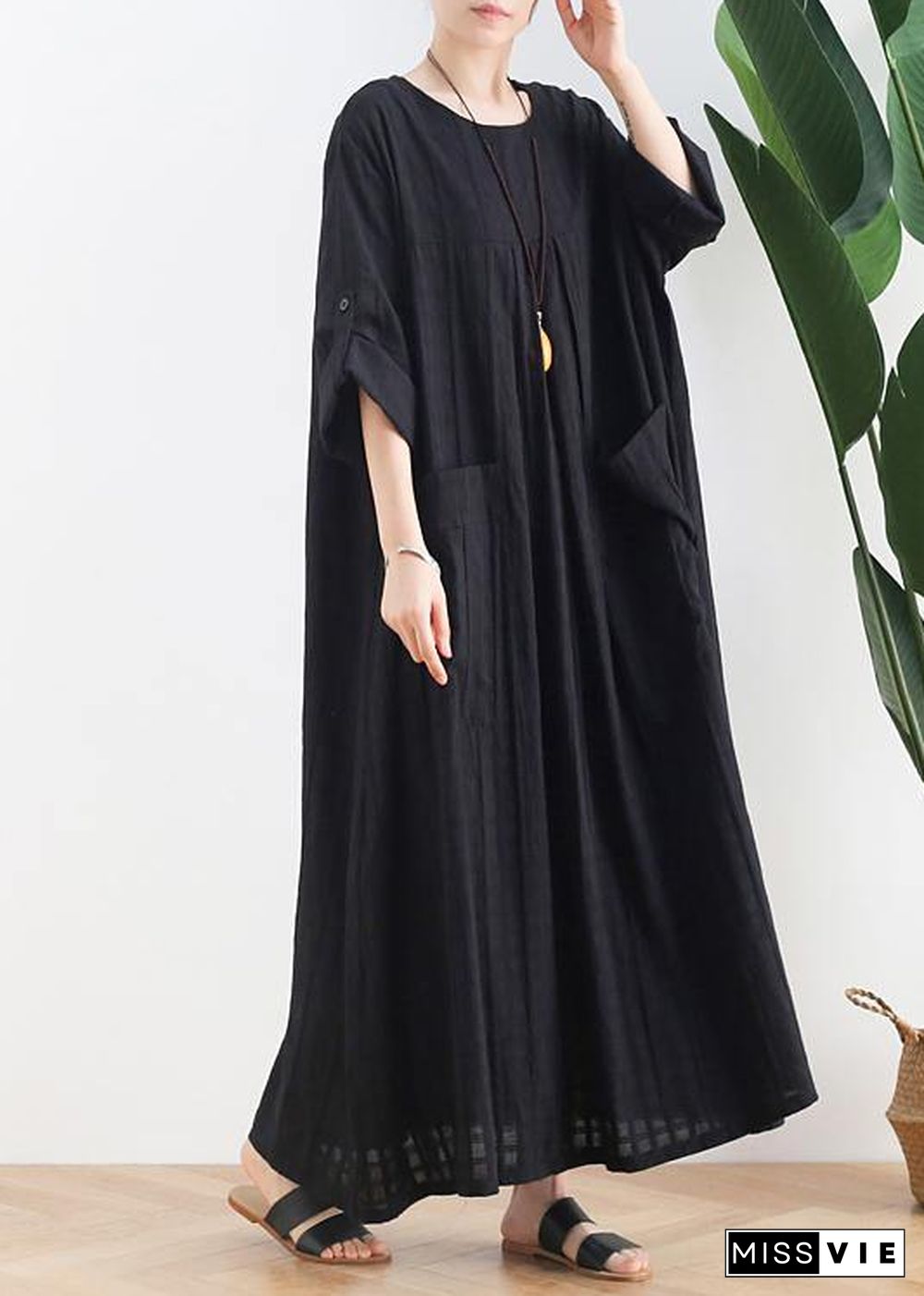 Women black cotton quilting dresses o neck Batwing Sleeve Maxi Dresses