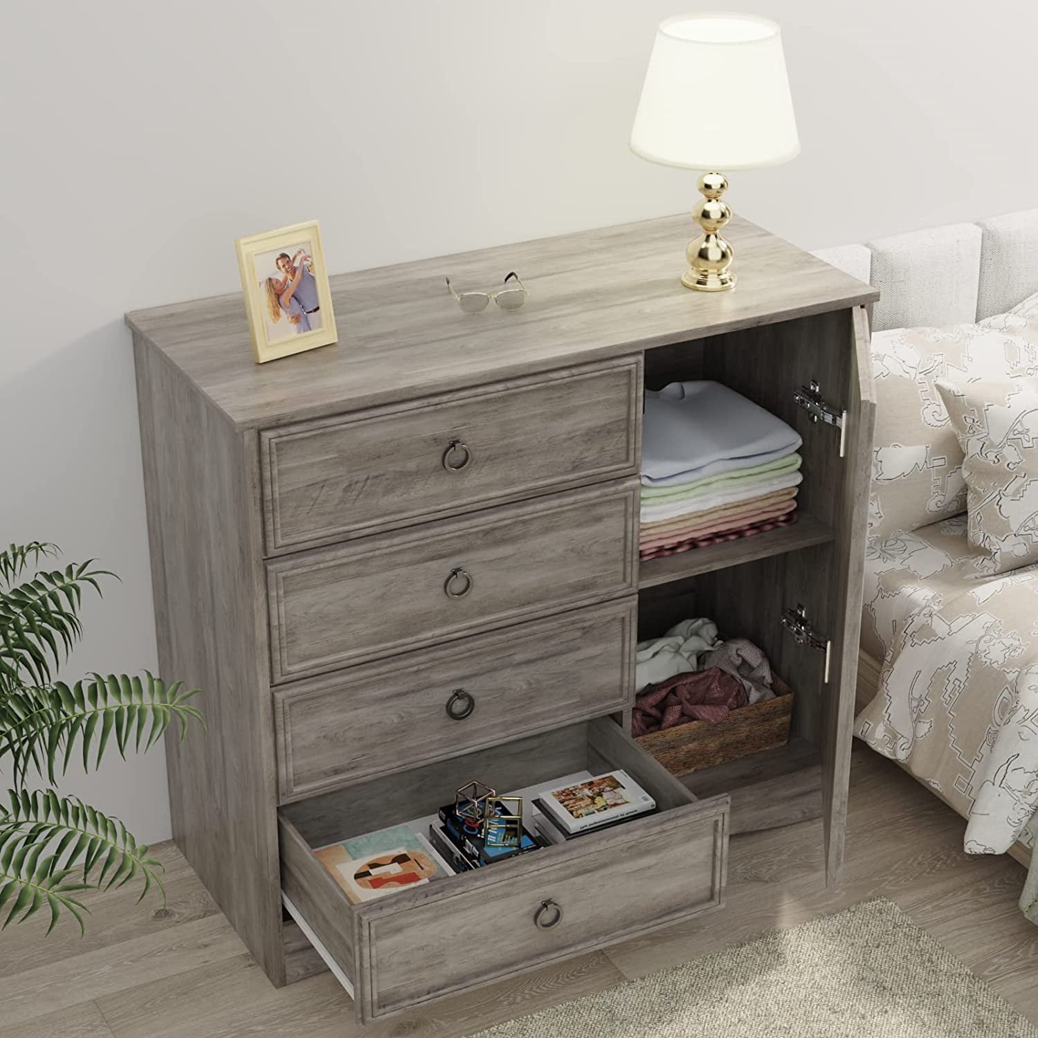 LGHM 4 Drawer Dresser W/ Door Cabinet for Bedroom, Chest of Drawers Storage Organizer Gray