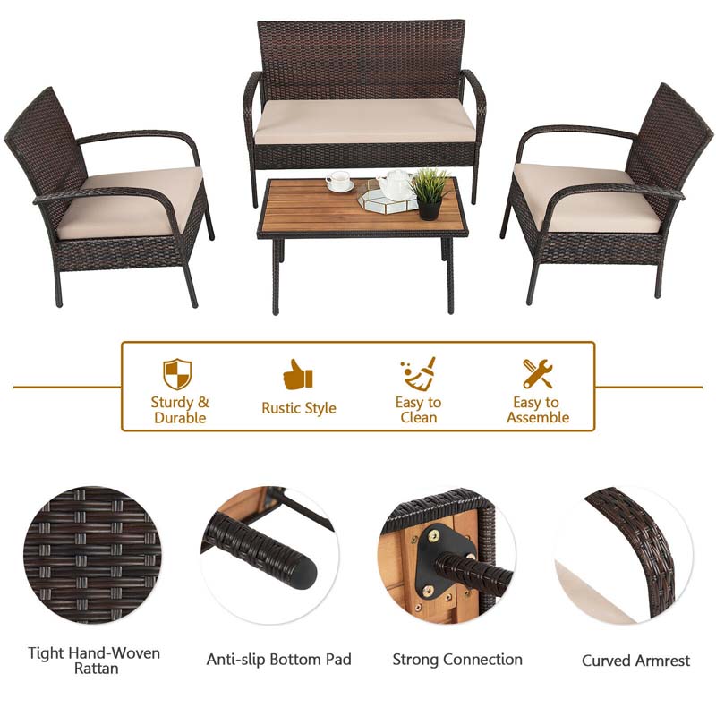 4 Pcs Rattan Patio Conversation Furniture Set Wicker Outdoor Sofa Set with Cushions & Acacia Wood Tabletop