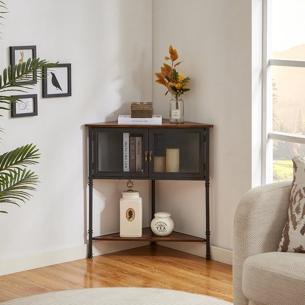 Triangle Side Table Set of 2 Corner Table with 3-tier Storage Shelf， Rustic Brown