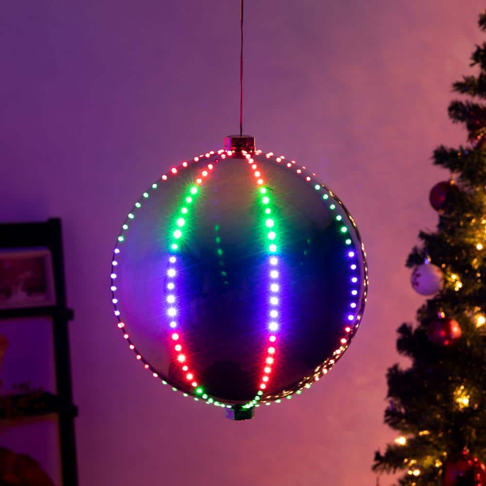 Alpine Corporation 13 in. Tall Multi-Color LED Lights Alpine Hanging Christmas Ball Ornament, Silver COR124L-SL