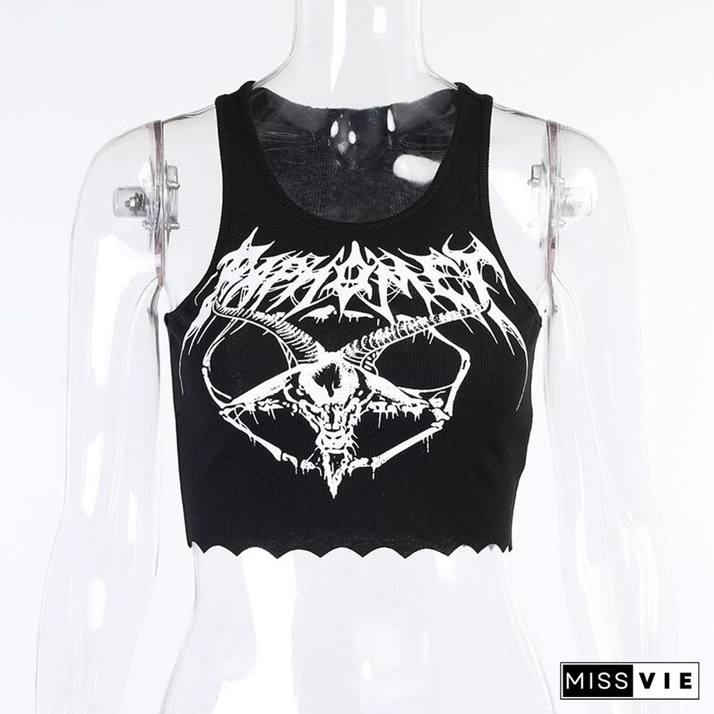 Sexy Punk Goth Crop Tops Women’s Summer Skull Print Vest Top Black White Fashion Round Neck Sleeveless Slim Tank Top Mujer