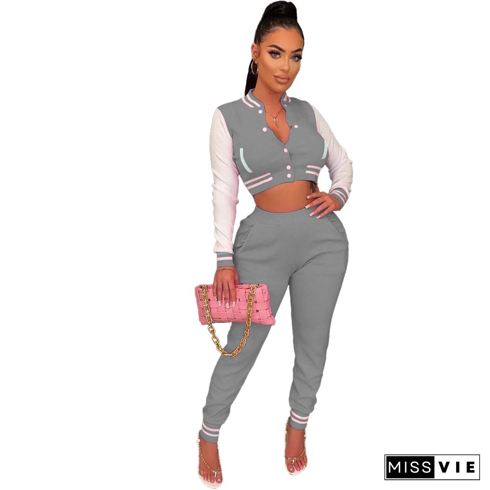 Patchwork Baseball Jackets Crop Top And Pants Suit