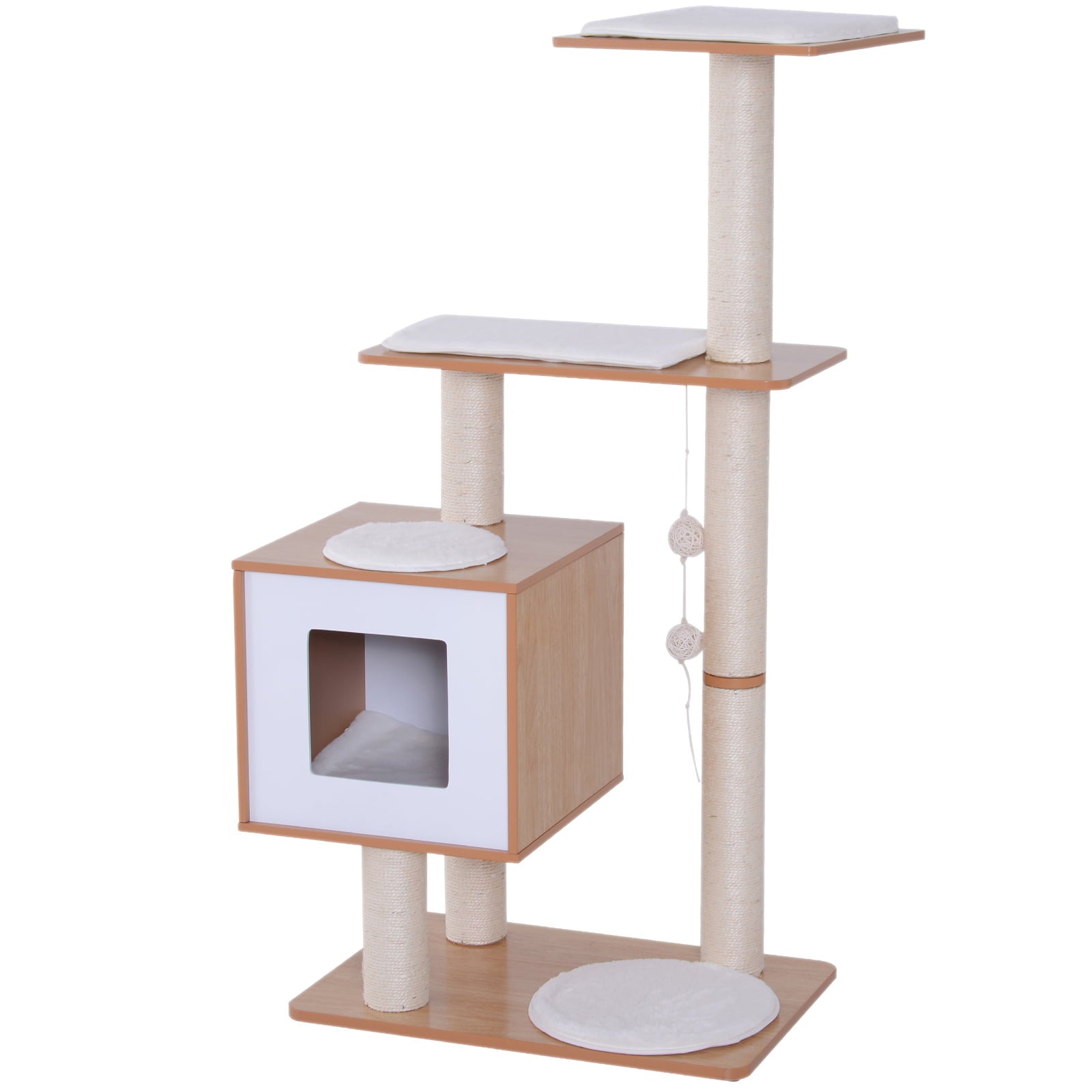 Pawhut 47” Modern Cat Tree Multi-Level Scratching Post With Cube Cave Enclosure - Oak Wood and White