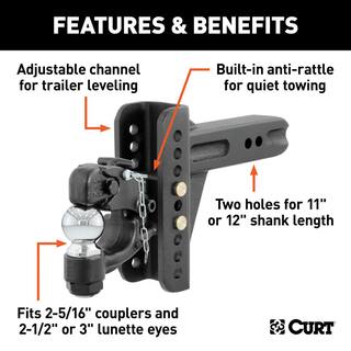 CURT 20000 lbs. Adjustable Trailer Hitch Channel Mount Ball  Pintle Hook Combination with 2-516 in. Ball (2-12 in. Shank) 45908