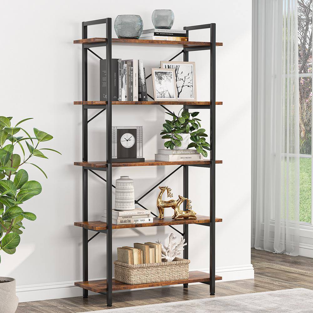 TRIBESIGNS WAY TO ORIGIN Clinz 63 in. Brown Wood 5-Tier Vintage Bookcase Extra Tall Bookshelf with Storage Shelves ZHD-U0029