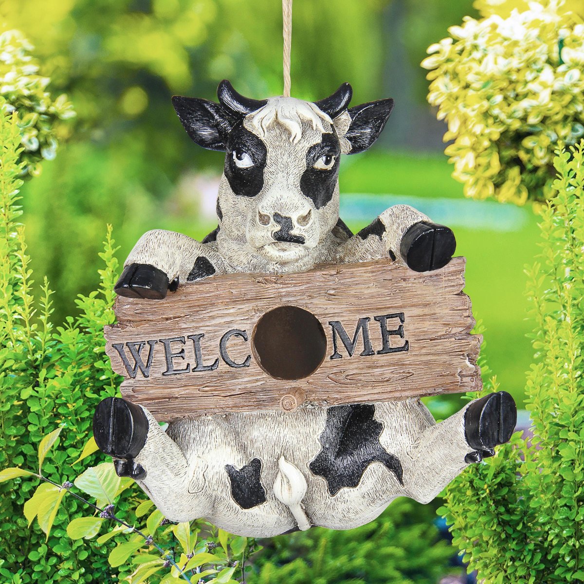 Exhart Hand Painted Cow with Welcome Sign Hanging Resin Bird House