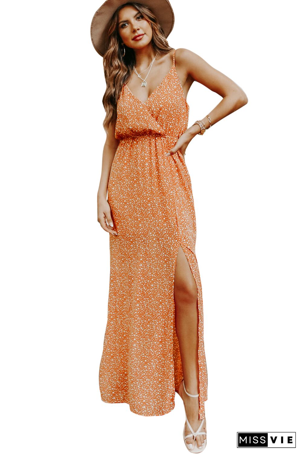 Orange Surplice Dotted Print Sleeveless Maxi Dress with Slit