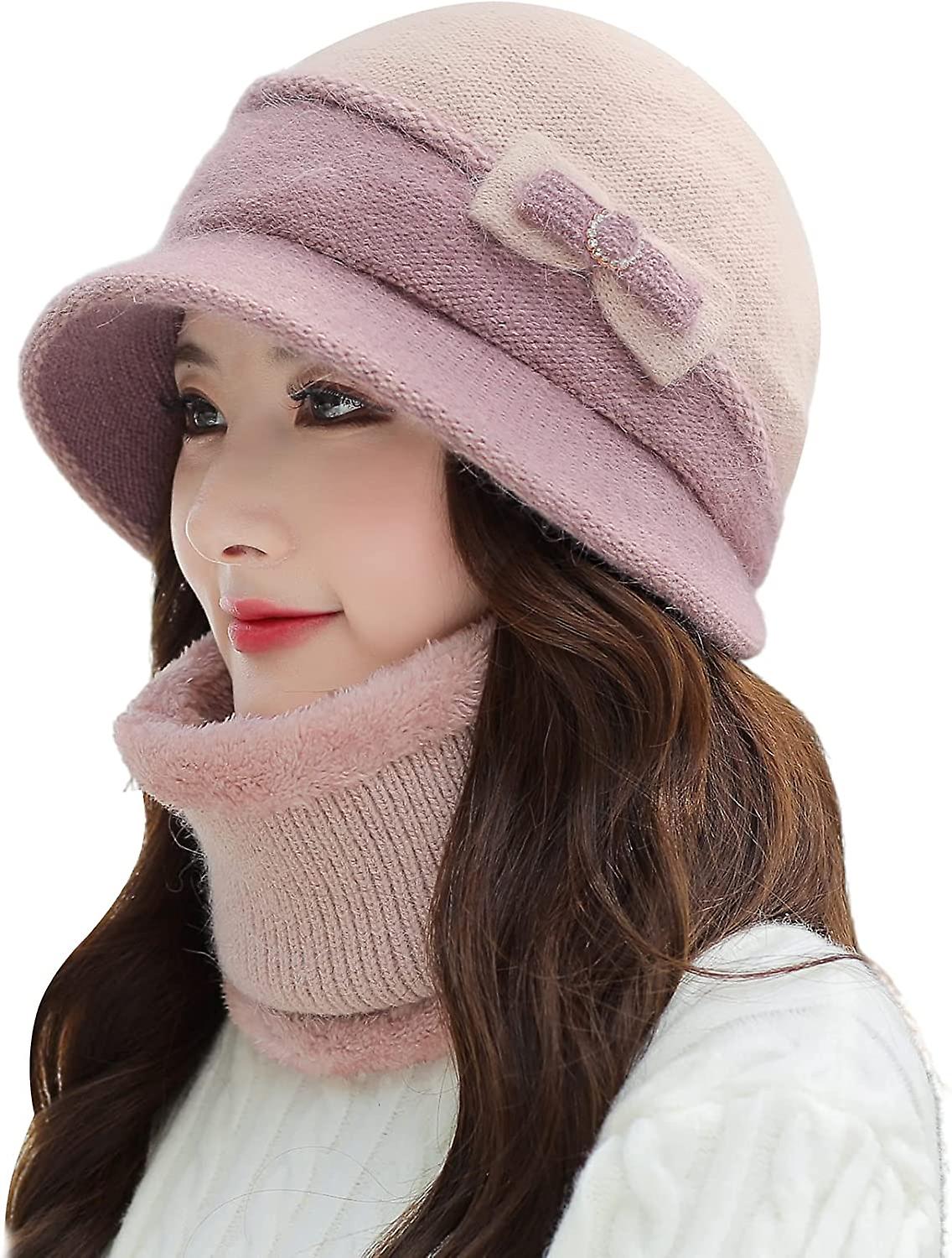 Women Winter Beanie Hat Peruvian Circle Scarf Set Ski Ear Flaps Caps Dual Layered Fleece Lined Pompoms B2-m1335-oufen -