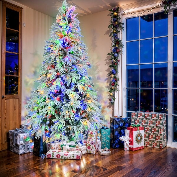 6FT/7.5FT PreLit Snow Flocked Christmas Tree with 300/350 LED Lights and 790/1389 Tips，8 Flash Modes，Perfect Holiday Décor