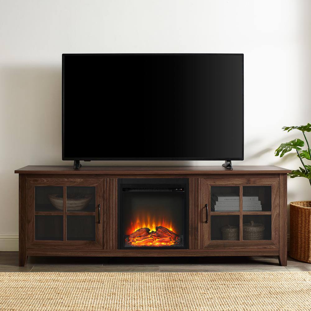 Walker Edison Furniture Company Simple 70 in. Dark Walnut 2-Door TV Stand with Electric Fireplace (Max tv size 75 in.) HD70FPSCDW