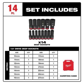 MW SHOCKWAVE 12 in. Drive Metric Deep Well 6 Point Impact Socket Set (14-Piece) 49-66-7014