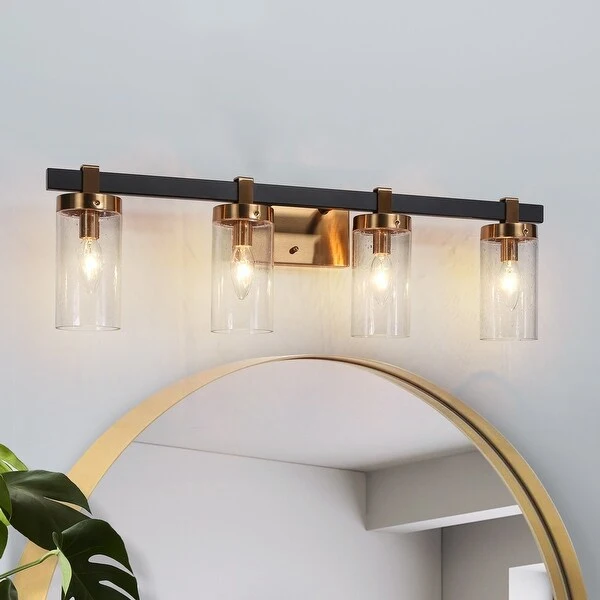 Modern 4-Light Gold and Black Bathroom Vanity Lighting with Clear Glass Shades - 28