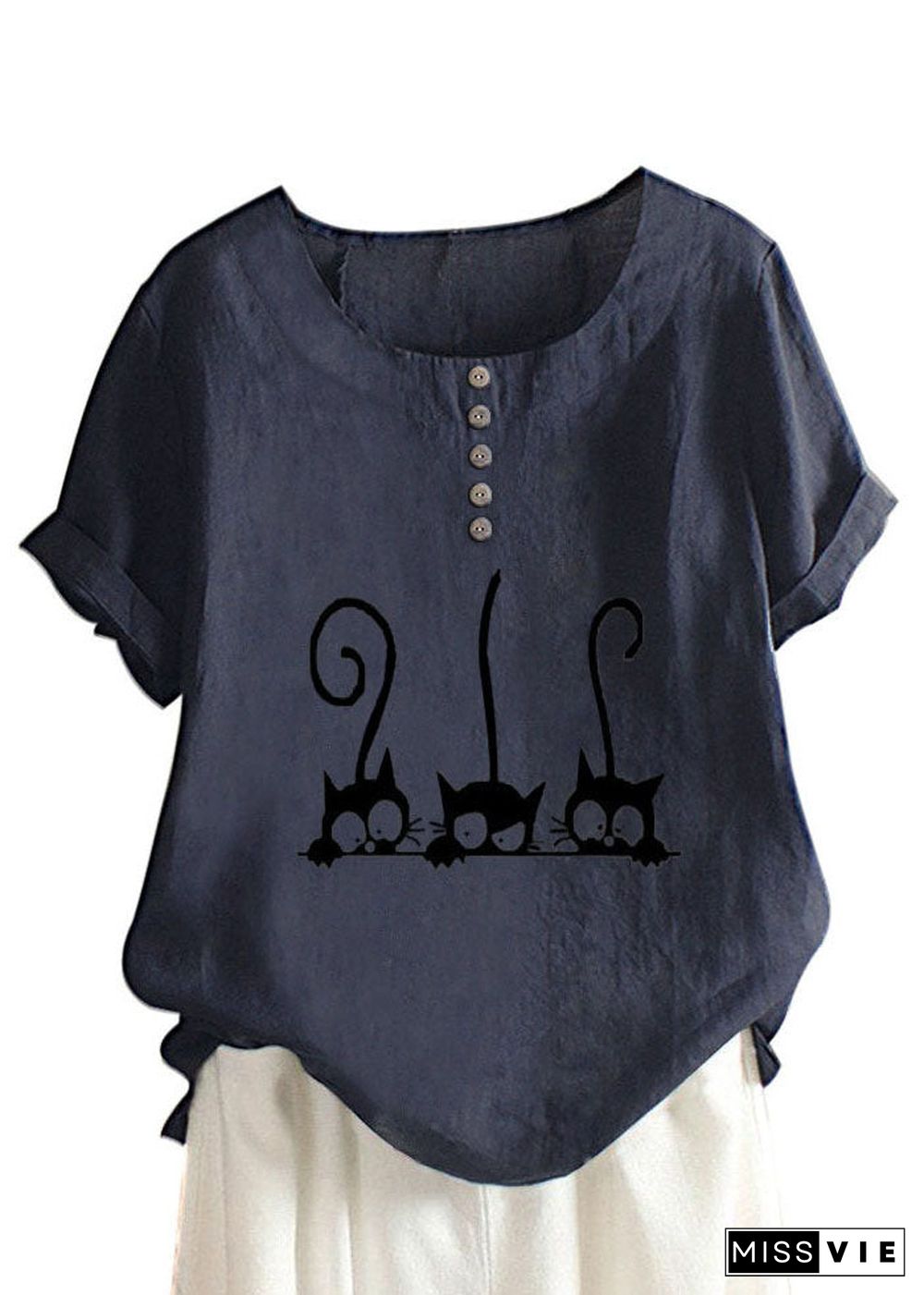 Plus Size Cartoon Cat Print Crew Neck Short Sleeve Blouse