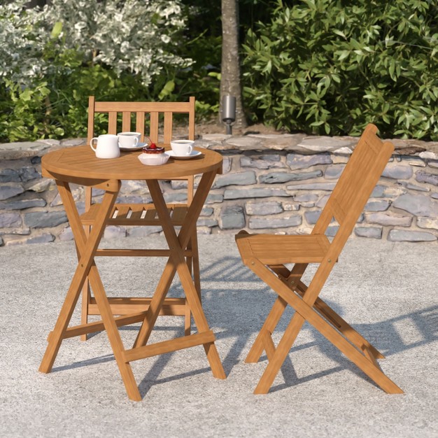 Merrick Lane Three Piece Solid Acacia Wood Folding Patio Bistro Set With Lightweight Round Table And Two Chairs Natural