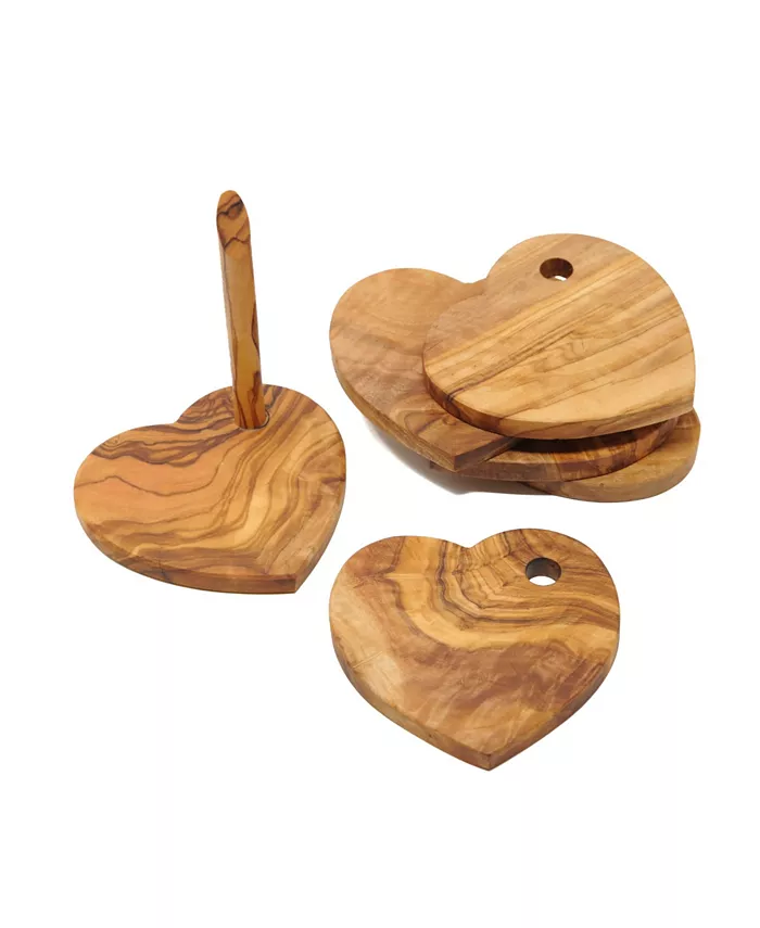 BeldiNest Heart Shaped Olive Wood Coasters Set of 5 with Holder