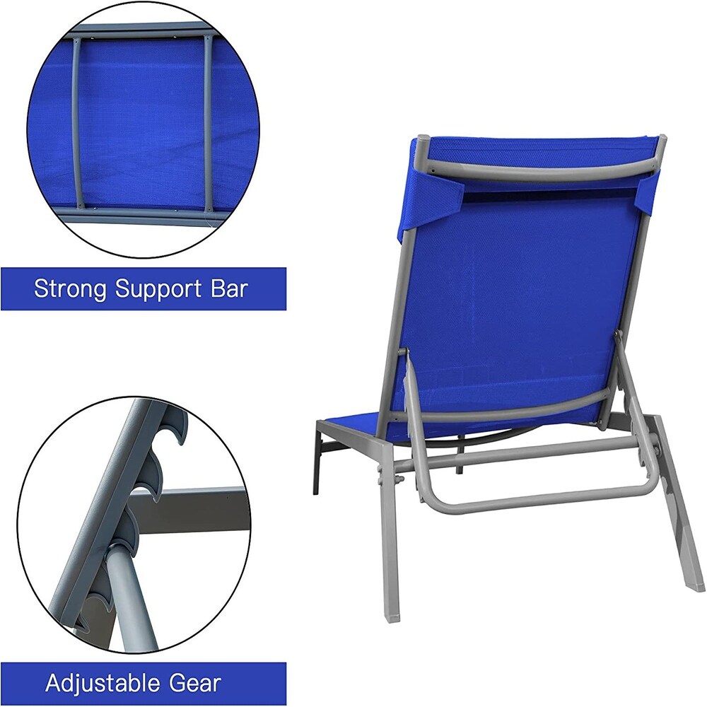 5 Adjustable Steel Outdoor 2 Chaise Lounge Chair with Pillow and 1 Table in Blue   N/A