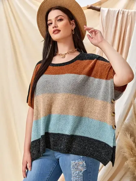 Plus Block Stripe Pattern Button Side Knit Top - BGLCLOTH