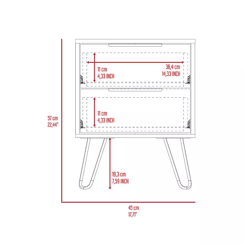 Nuvo 2 Nightstand，Two Drawers， Hairpin Legs