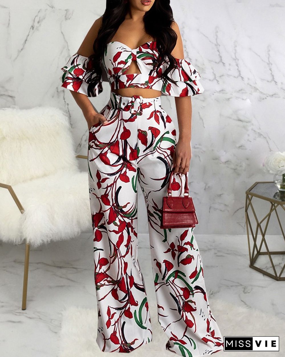 Off Shoulder Ruffles Crop Top & Pants Sets